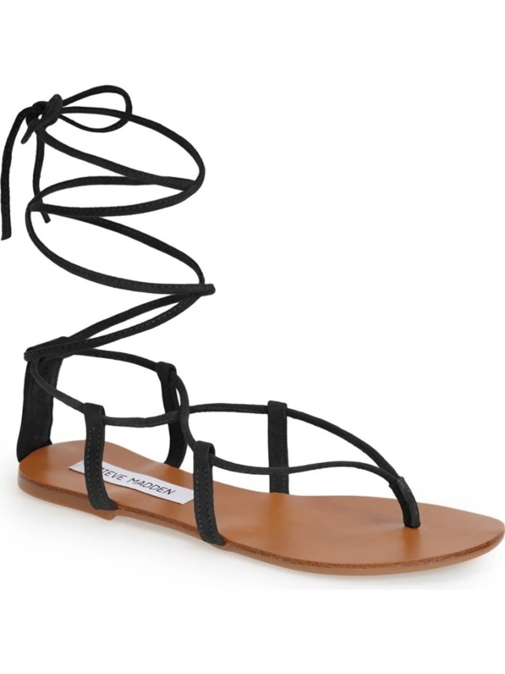 Steve Madden Black Suede Lace-Up Wrap Flat Sandals Size 8